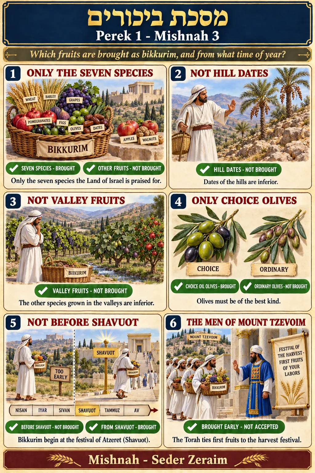 Infographic for Bikkurim 1:3: WHICH FRUITS, AND FROM WHEN
