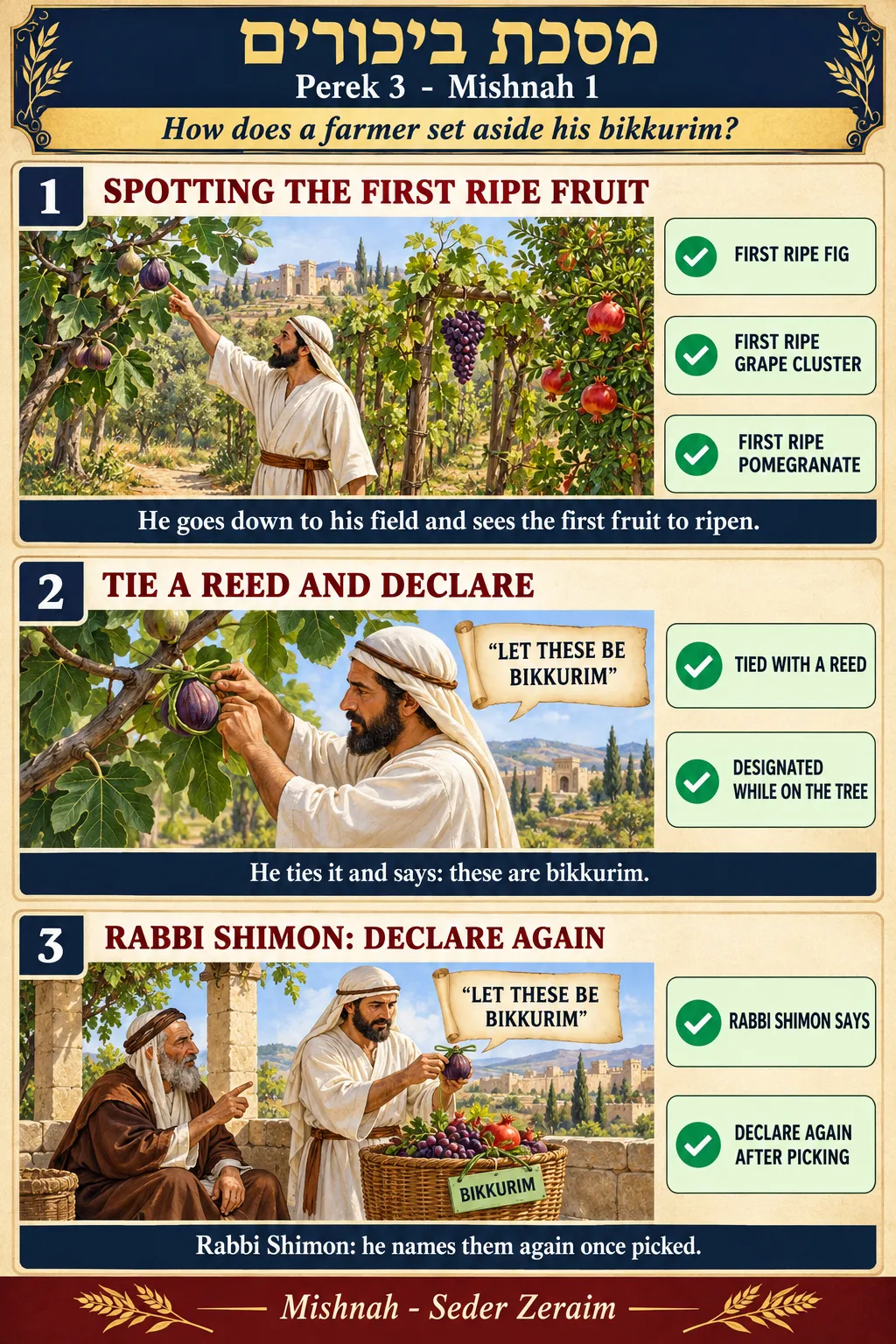 Infographic for Bikkurim 3:1: DESIGNATING THE FIRST FRUITS