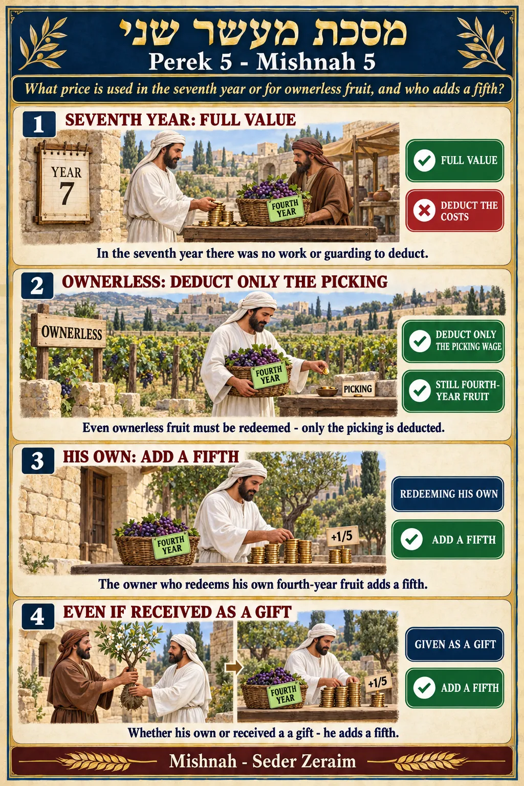 Infographic for Maaser Sheni 5:5: FOURTH-YEAR FRUIT: SEVENTH YEAR, OWNERLESS, THE FIFTH