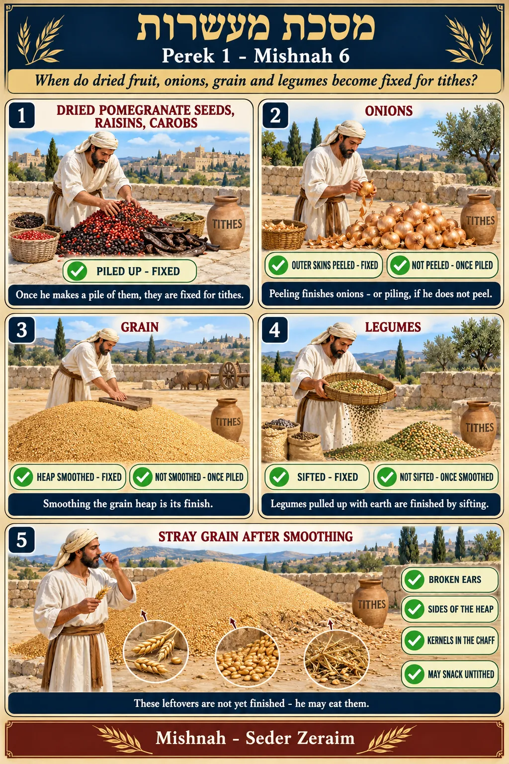 Infographic for Maaseros 1:6: FIXED FOR TITHES: DRIED FRUIT, ONIONS, GRAIN