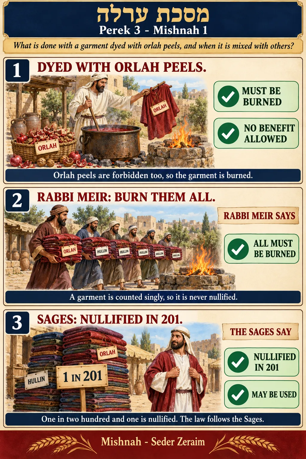 Infographic for Orlah 3:1: GARMENT DYED WITH ORLAH PEELS