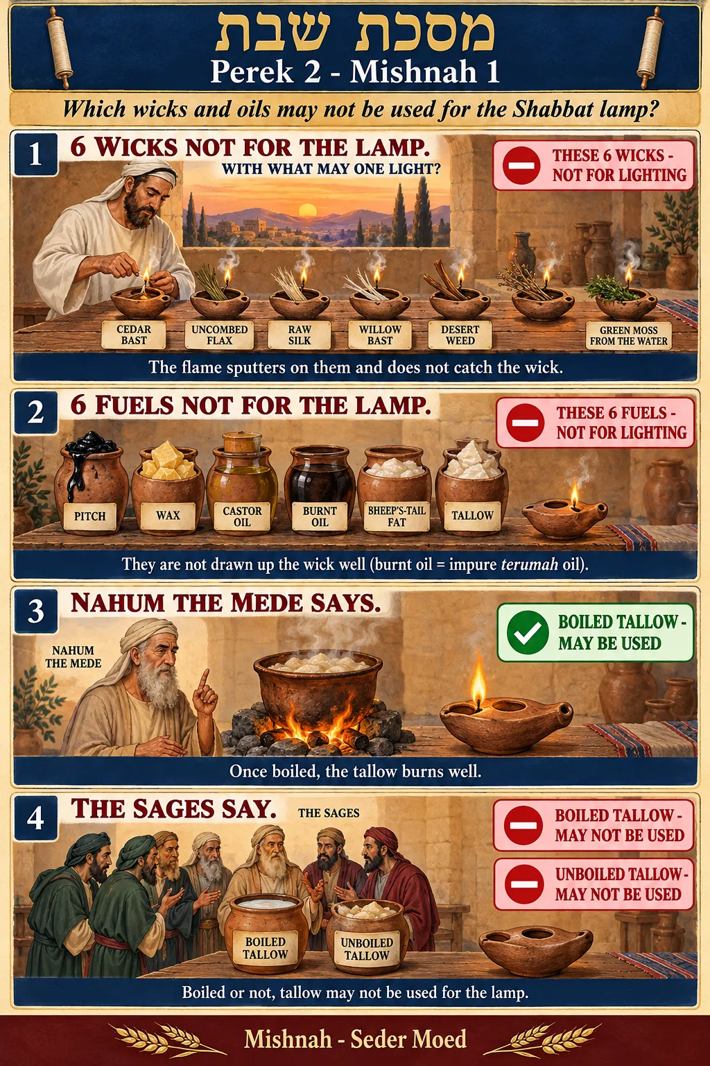 Infographic for Shabbos 2:1: WICKS AND FUELS THAT MAY NOT BE USED