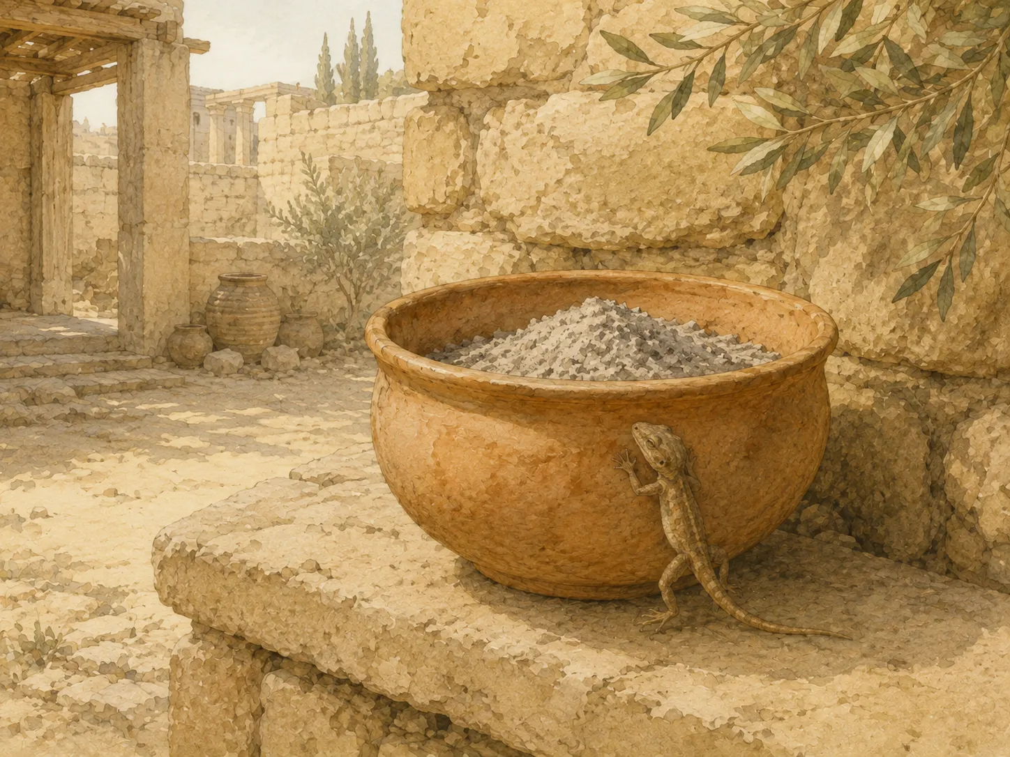 An earthenware vessel of ashes on a stone shelf, touched on its outer wall by a small creeping creature