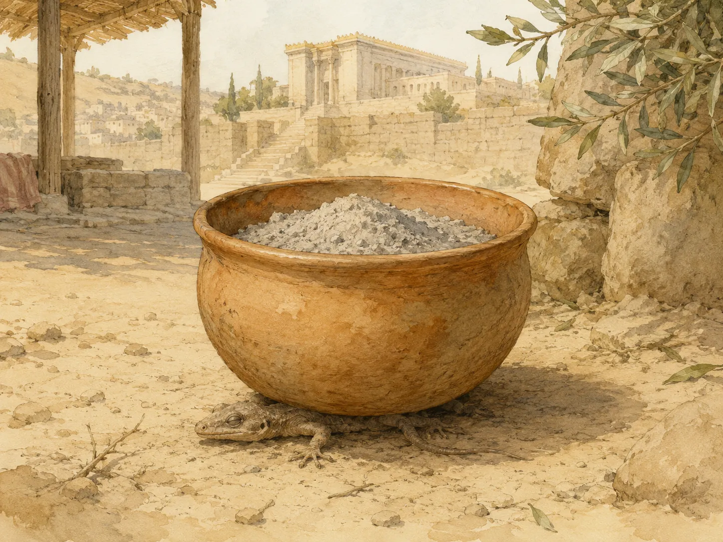 An earthenware vessel of ashes set directly atop the carcass of a creeping creature