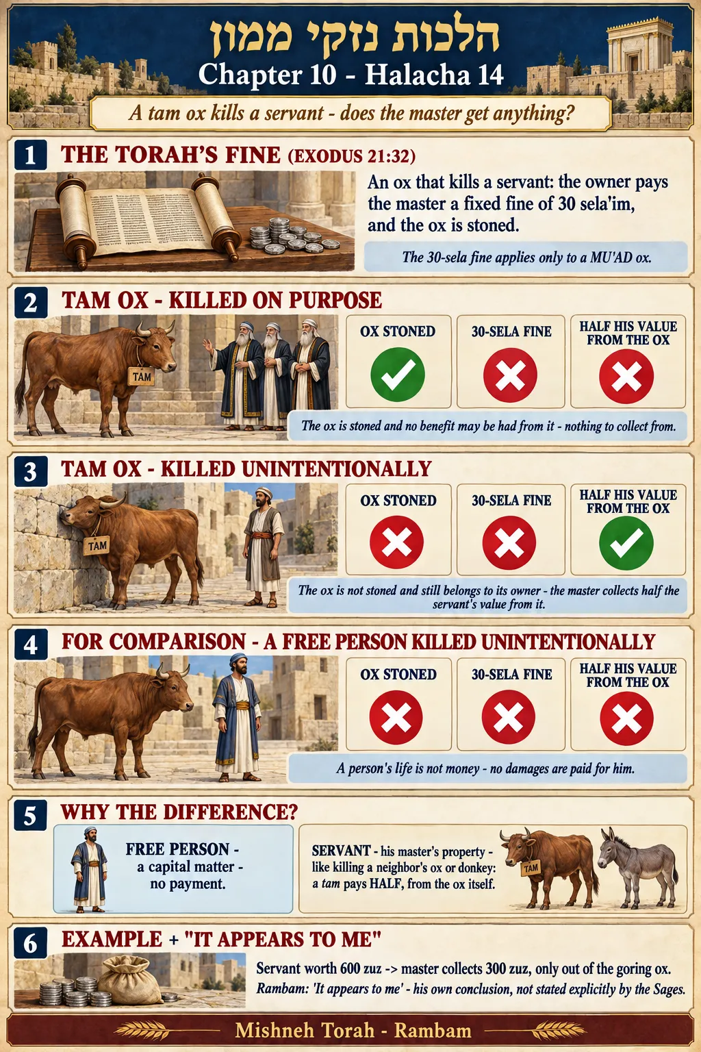Infographic for halacha 10:14: A tam ox kills a servant - does the master get anything?