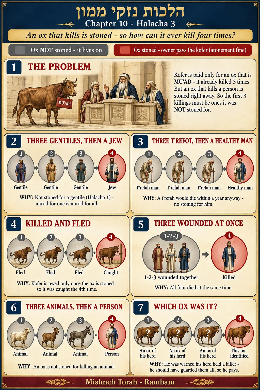Infographic for halacha 10:3: An ox that kills is stoned - so how can it ever kill four times?