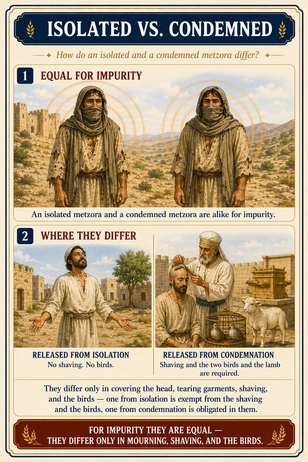 Infographic for halacha 10:10: ISOLATED VS. CONDEMNED — How do an isolated and a condemned metzora differ?
