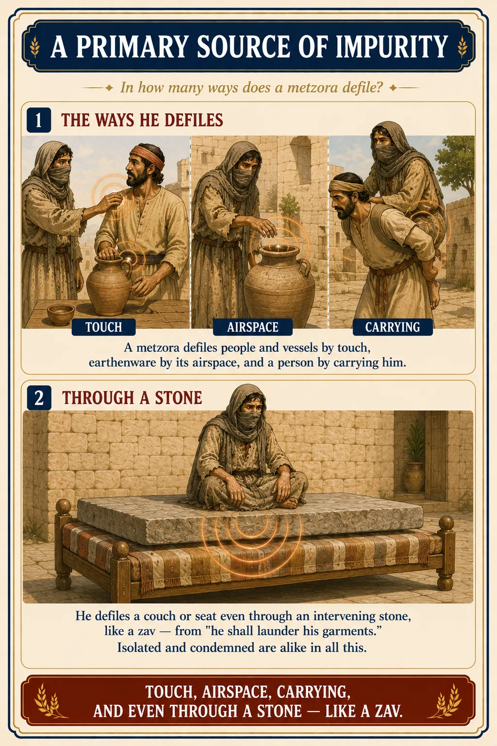 Infographic for halacha 10:11: A PRIMARY SOURCE OF IMPURITY — In how many ways does a metzora defile?