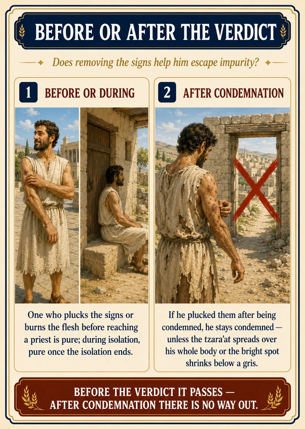 Infographic for halacha 10:2: BEFORE OR AFTER THE VERDICT — Does removing the signs help him escape impurity?