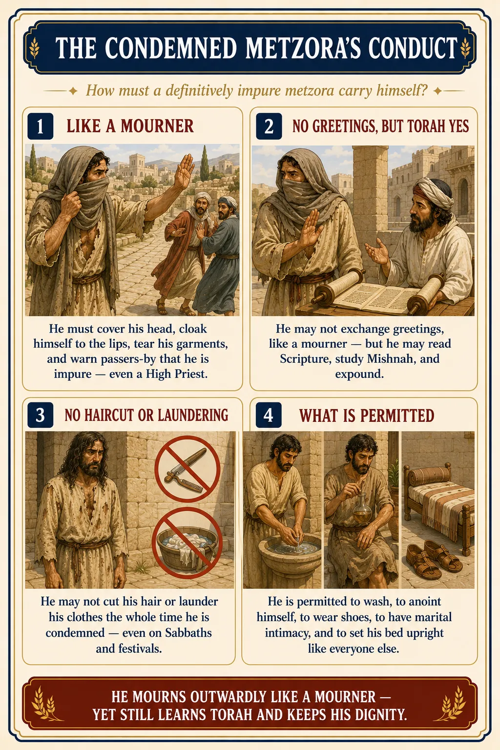 Infographic for halacha 10:6: THE CONDEMNED METZORA'S CONDUCT — How must a definitively impure metzora carry himself?
