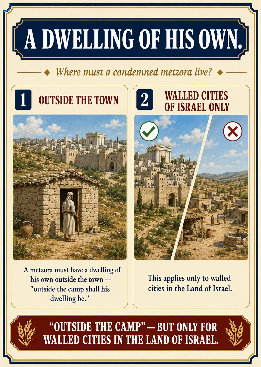 Infographic for halacha 10:7: A DWELLING OF HIS OWN — Where must a condemned metzora live?