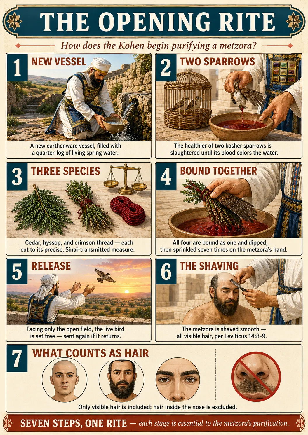 Infographic for halacha 11:1: The rite opens with a brand-new earthenware vessel and a measured quarter-log of living spring water. The healthier of two sparrows is slaughtered over the vessel until its blood colors the water, then buried before the afflicted person's eyes. Cedar branch, hyssop, and crimson thread — each cut to its own precise, Sinai-transmitted measure. All four species are bound as one and dipped together, then sprinkled seven times on the back of the afflicted person's hand. Facing only the open field, never sea, town, or desert, the live bird is released — and sent again and again if it returns. Every visible hair is shaved smooth as a gourd — the verse's specific mentions only broaden what counts as visible, never narrow it. Laundered and immersed, he may finally re-enter the town — but the seven-day count that follows still forbids him marital intimacy.