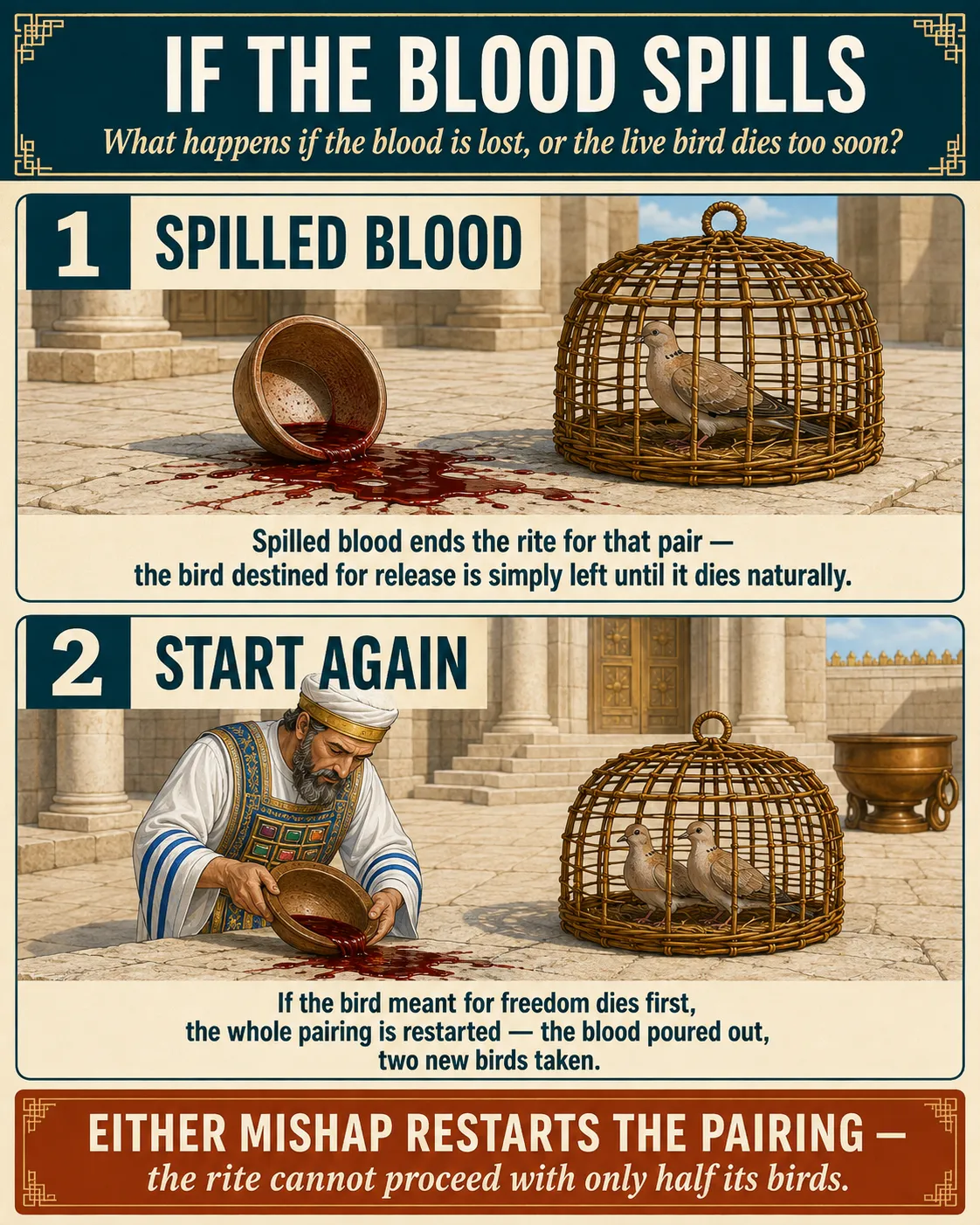 Infographic for halacha 11:10: Spilled blood ends the rite for that pair — the bird destined for release is simply left until it dies naturally. If the bird meant for freedom dies first, the whole pairing is restarted — the blood poured out, two new birds taken.