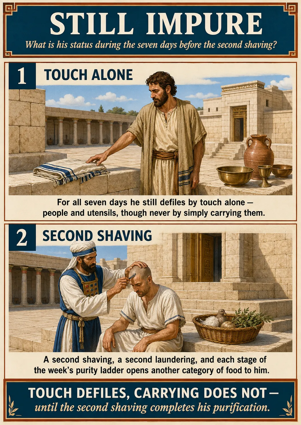 Infographic for halacha 11:2: For all seven days he still defiles by touch alone — people and utensils, though never by simply carrying them. A second shaving, a second laundering, and each stage of the week's purity ladder opens another category of food to him.