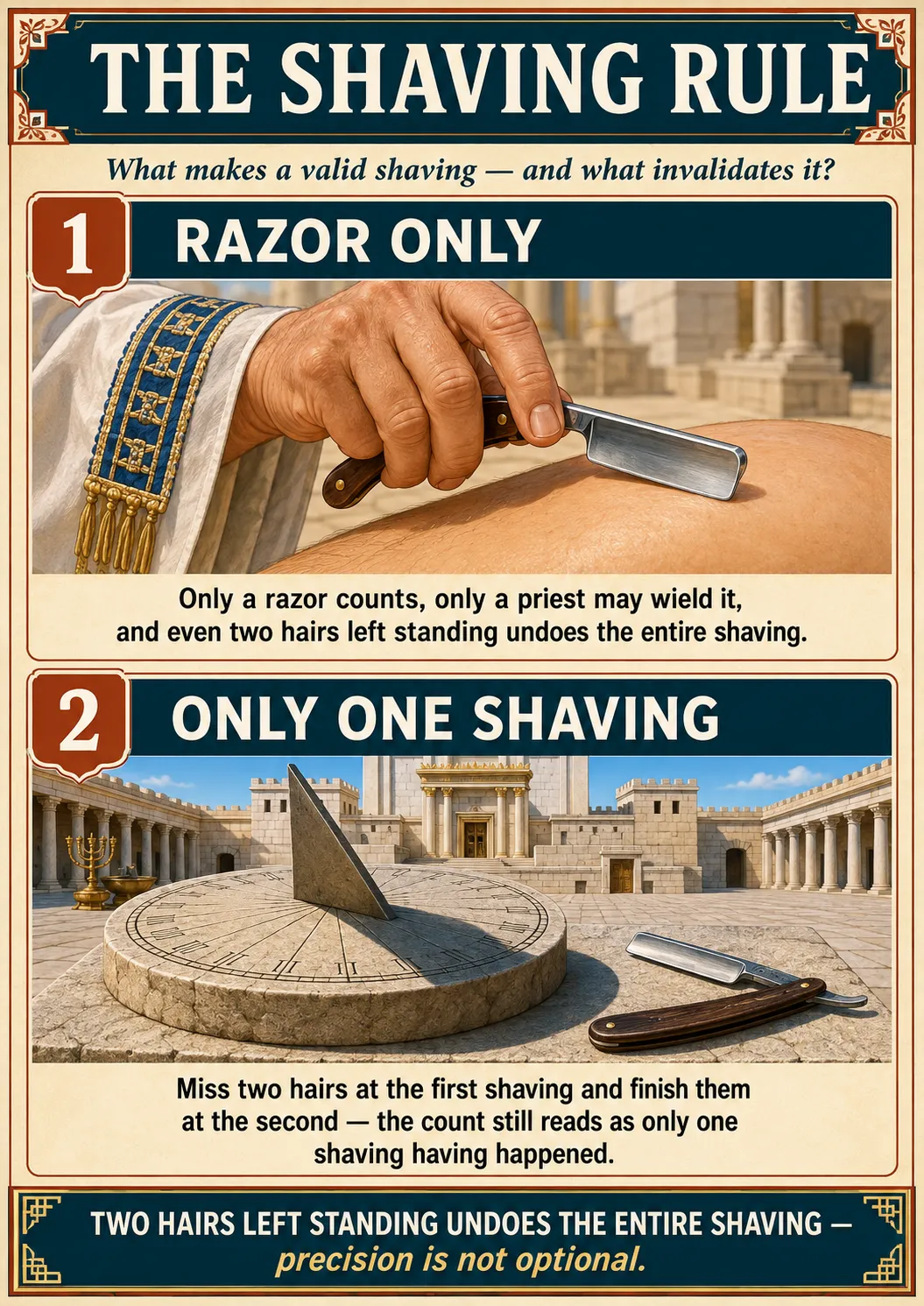 Infographic for halacha 11:3: Only a razor counts, only a priest may wield it, and even two hairs left standing undoes the entire shaving. Miss two hairs at the first shaving and finish them at the second — the count still reads as only one shaving having happened.