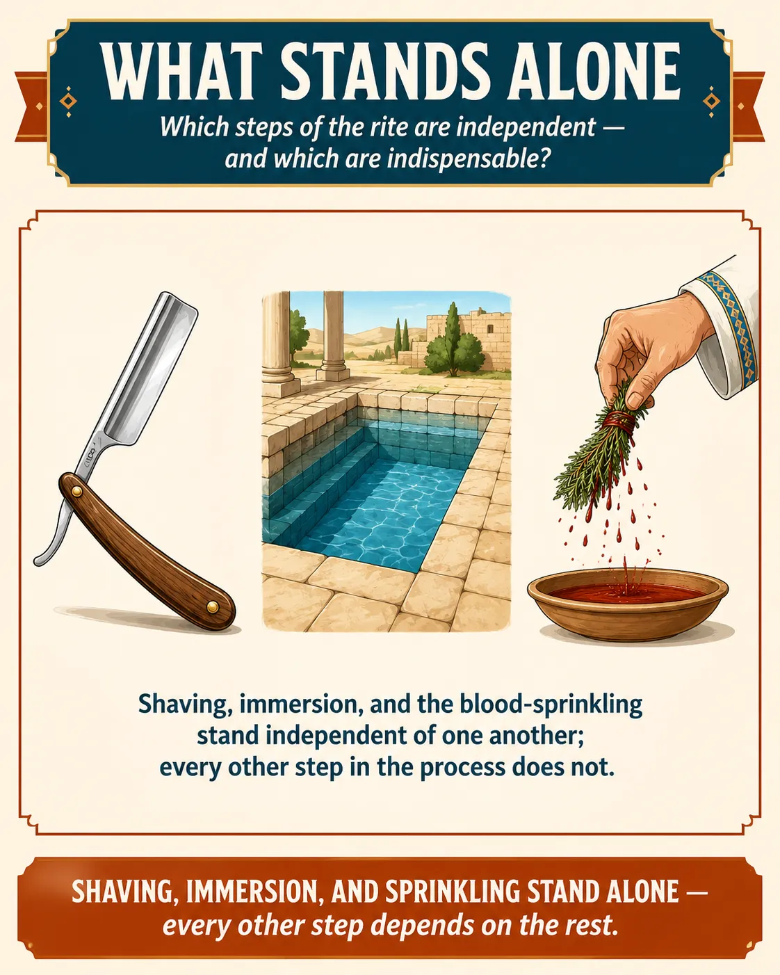 Infographic for halacha 11:4: Shaving, immersion, and the blood-sprinkling stand independent of one another; every other step in the process does not.