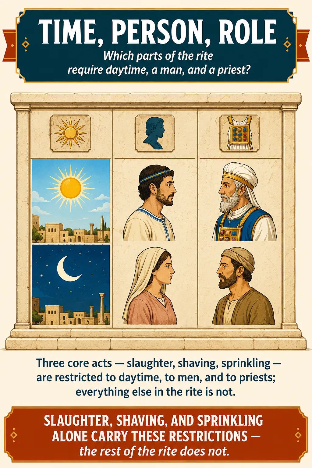 Infographic for halacha 11:5: Three core acts — slaughter, shaving, sprinkling — are restricted to daytime, to men, and to priests; everything else in the rite is not.