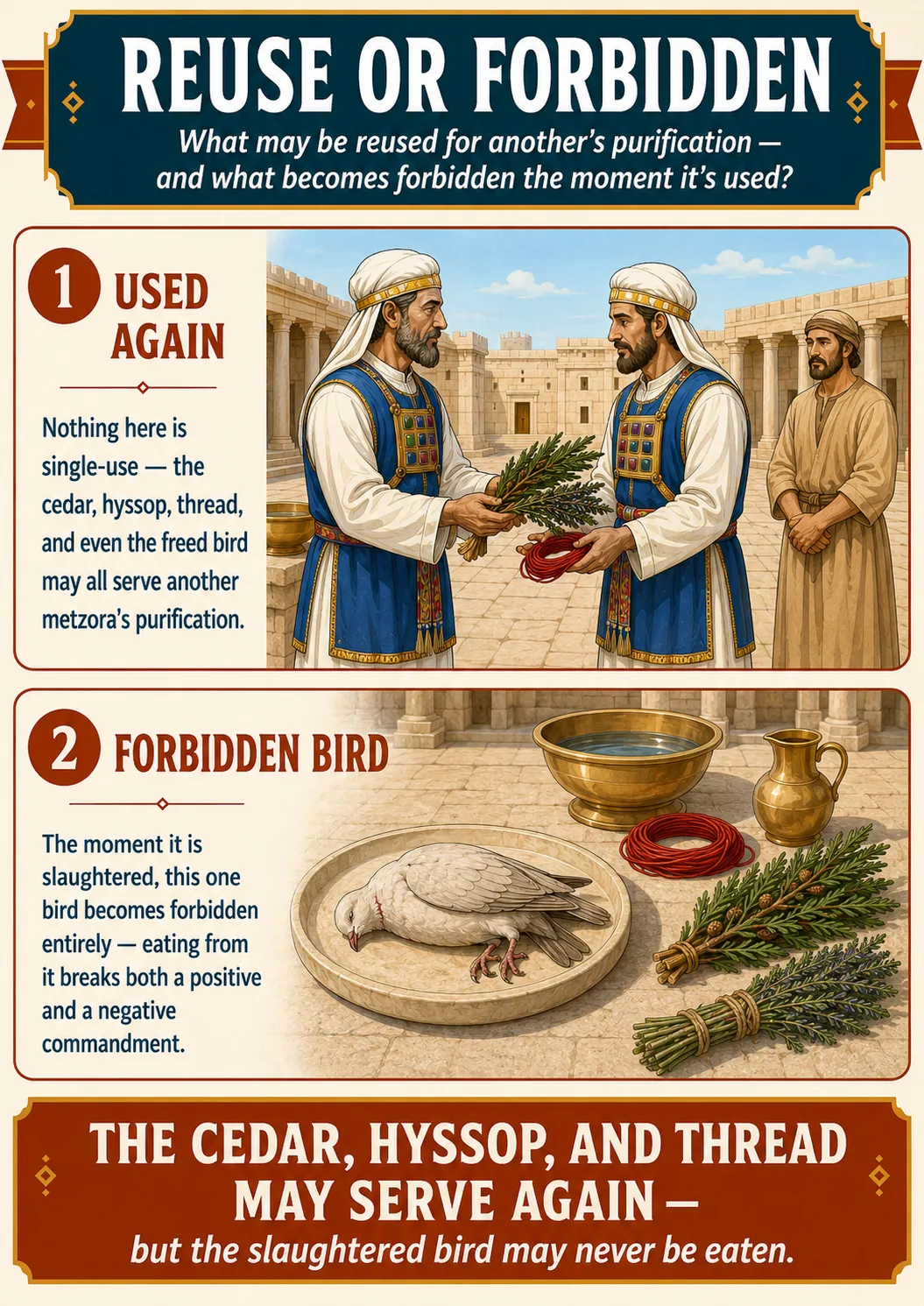 Infographic for halacha 11:7: Nothing here is single-use — the cedar, hyssop, thread, and even the freed bird may all serve another metzora's purification. The moment it is slaughtered, this one bird becomes forbidden entirely — eating from it breaks both a positive and a negative commandment.