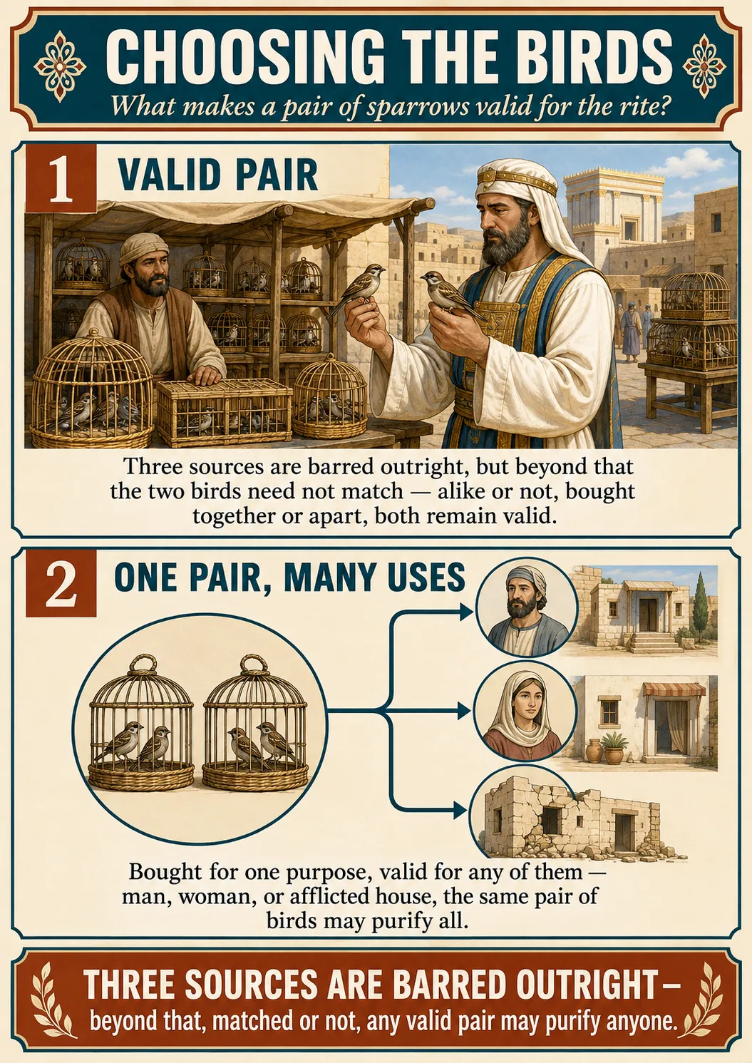 Infographic for halacha 11:8: Three sources are barred outright, but beyond that the two birds need not match — alike or not, bought together or apart, both remain valid. Bought for one purpose, valid for any of them — man, woman, or afflicted house, the same pair of birds may purify all.