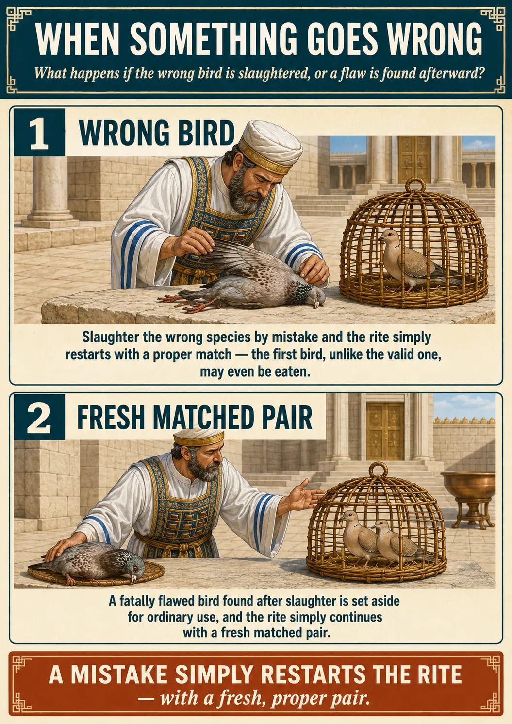 Infographic for halacha 11:9: Slaughter the wrong species by mistake and the rite simply restarts with a proper match — the first bird, unlike the valid one, may even be eaten. A fatally flawed bird found after slaughter is set aside for ordinary use, and the rite simply continues with a fresh matched pair.