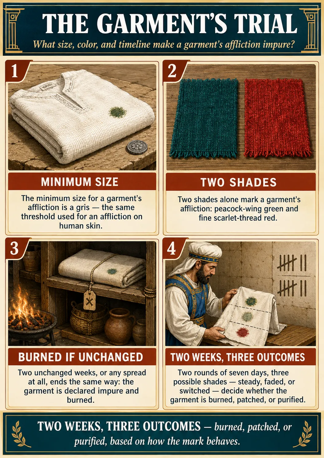 Infographic for halacha 12:1: The minimum size for a garment's affliction is a gris — the same threshold used for an affliction on human skin. Two shades alone mark a garment's affliction: peacock-wing green and fine scarlet-thread red. Two unchanged weeks, or any spread at all, ends the same way: the garment is declared impure and burned. Two rounds of seven days, three possible shades — steady, faded, or switched — decide whether the garment is burned, patched, or purified.
