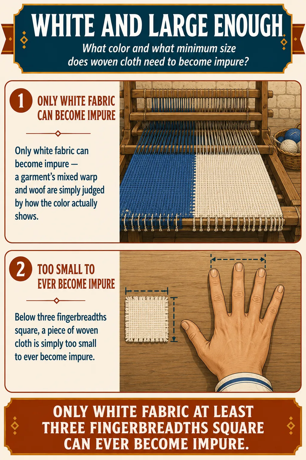 Infographic for halacha 12:10: Only white fabric can become impure — a garment's mixed warp and woof are simply judged by how the color actually shows. Below three fingerbreadths square, a piece of woven cloth is simply too small to ever become impure.