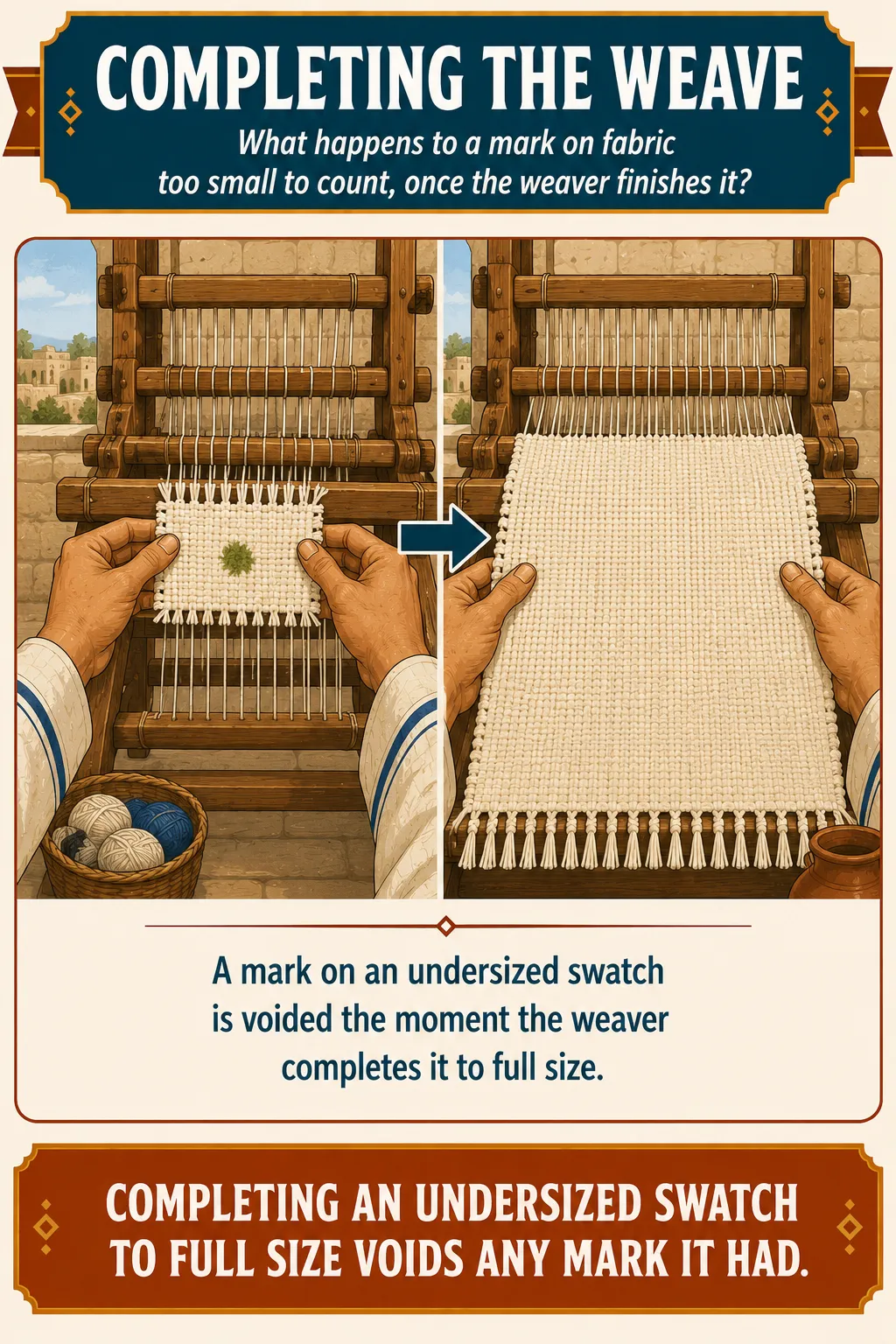 Infographic for halacha 12:11: A mark on an undersized swatch is voided the moment the weaver completes it to full size.
