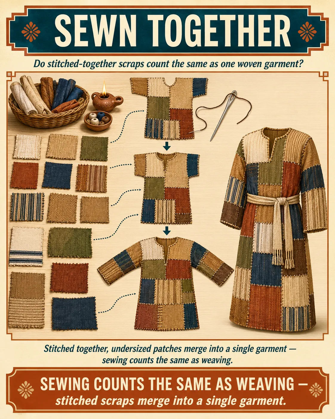 Infographic for halacha 12:12: Stitched together, undersized patches merge into a single garment — sewing counts the same as weaving.