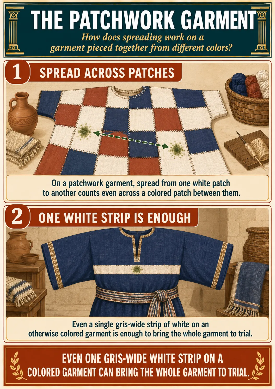 Infographic for halacha 12:13: On a patchwork garment, spread from one white patch to another counts even across a colored patch between them. Even a single gris-wide strip of white on an otherwise colored garment is enough to bring the whole garment to trial.