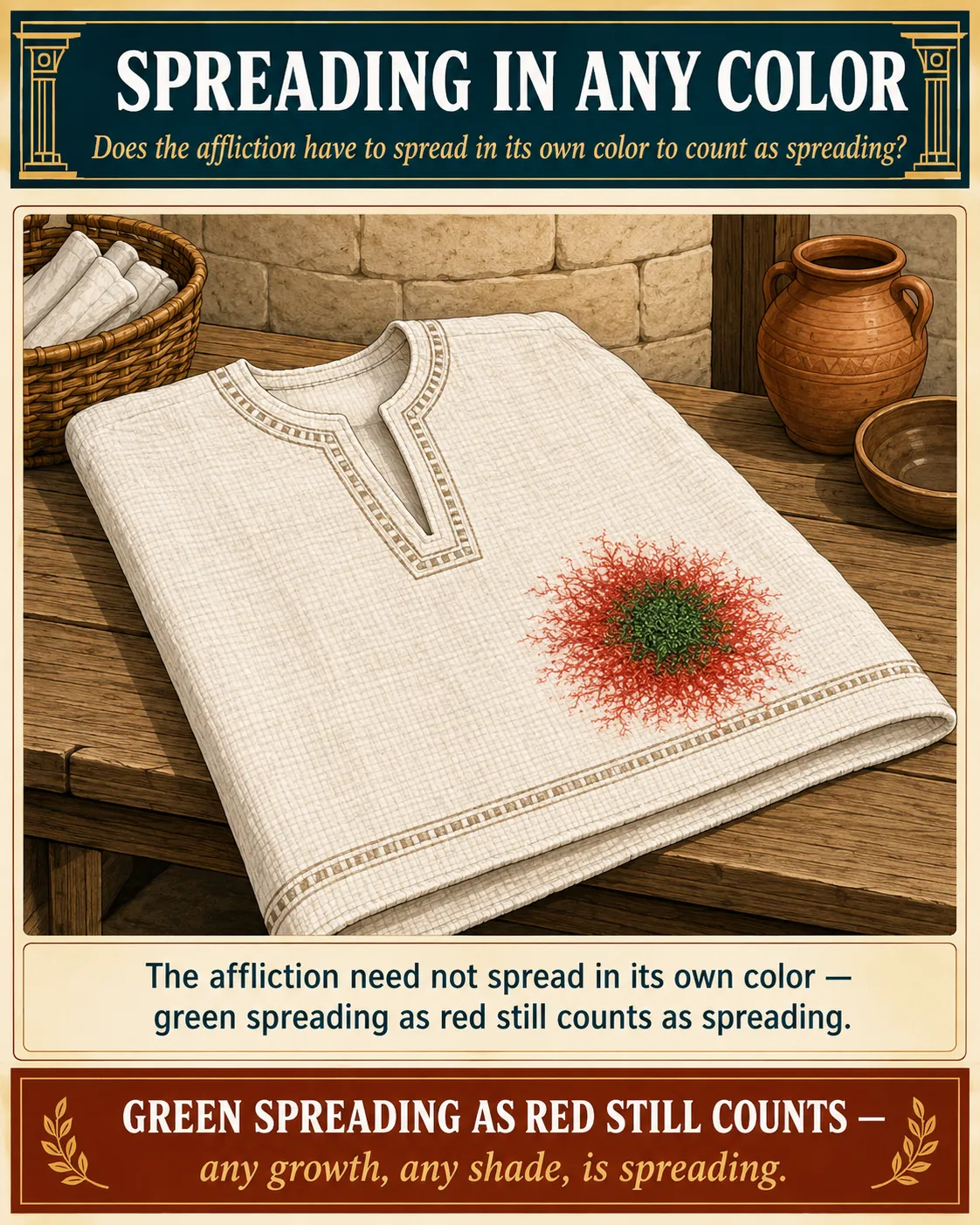 Infographic for halacha 12:2: The affliction need not spread in its own color — green spreading as red still counts as spreading.