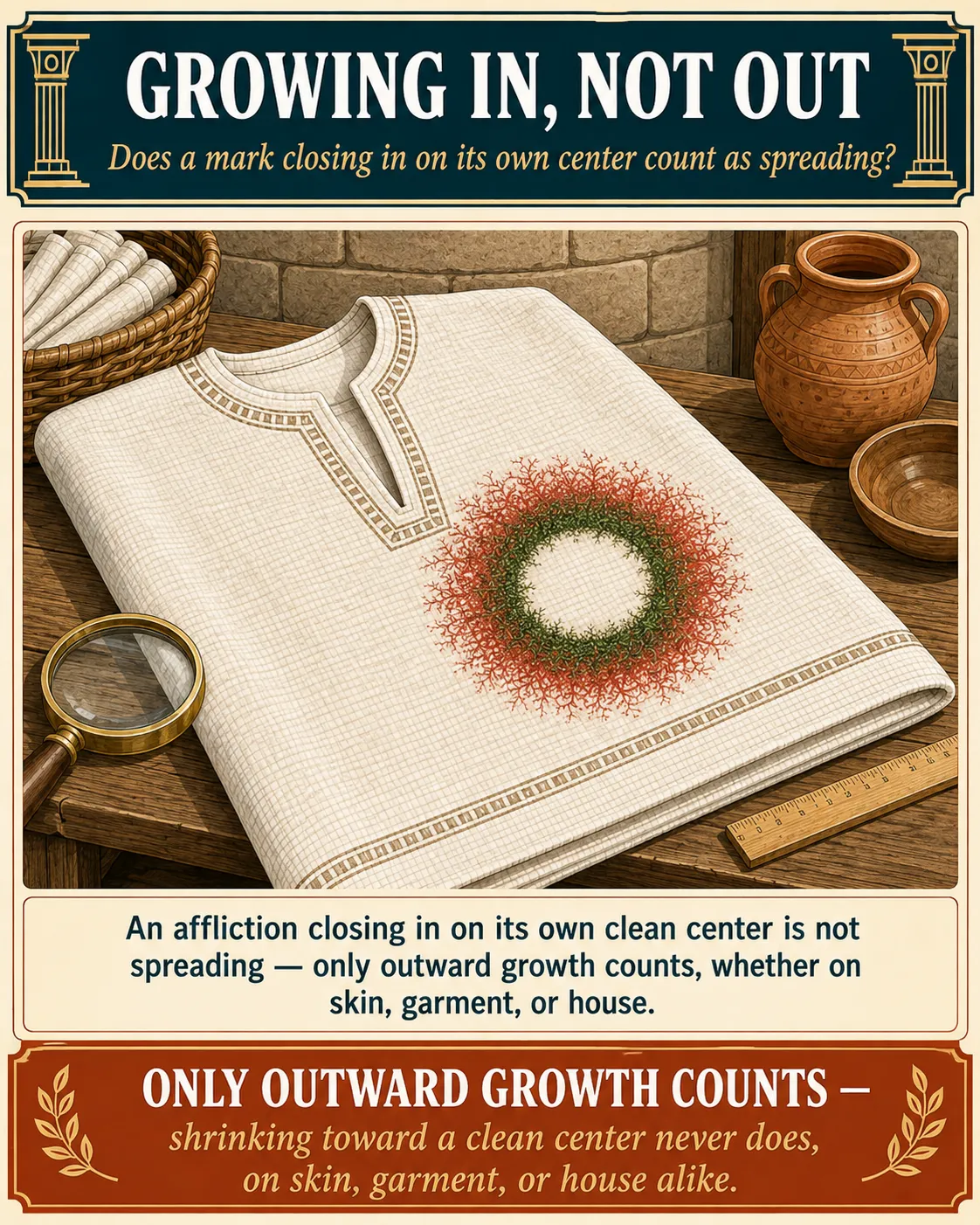 Infographic for halacha 12:3: An affliction closing in on its own clean center is not spreading — only outward growth counts, whether on skin, garment, or house.