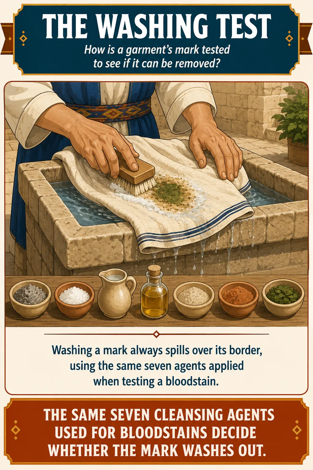 Infographic for halacha 12:5: Washing a mark always spills over its border, using the same seven agents applied when testing a bloodstain.