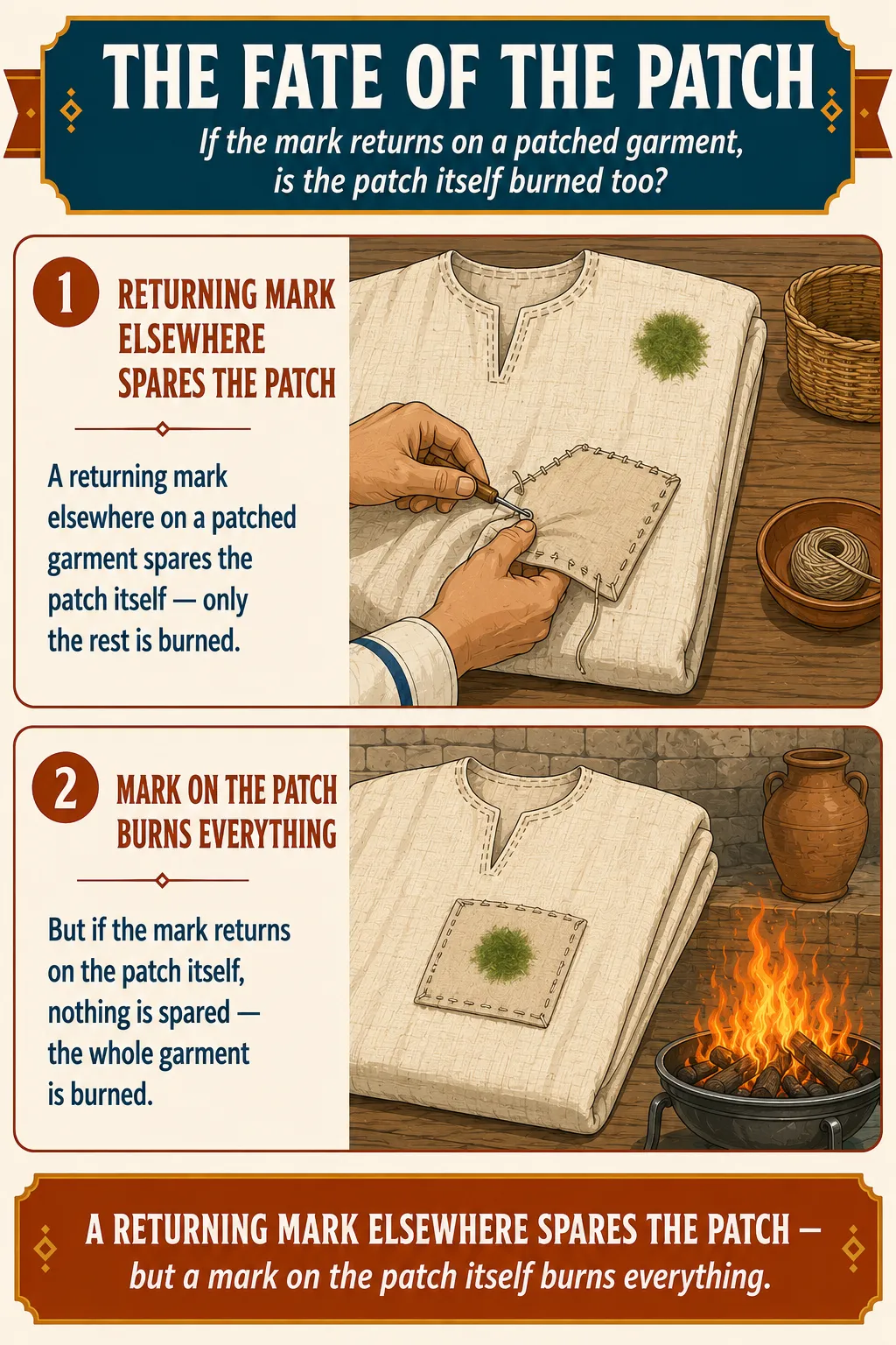 Infographic for halacha 12:6: A returning mark elsewhere on a patched garment spares the patch itself — only the rest is burned. But if the mark returns on the patch itself, nothing is spared — the whole garment is burned.
