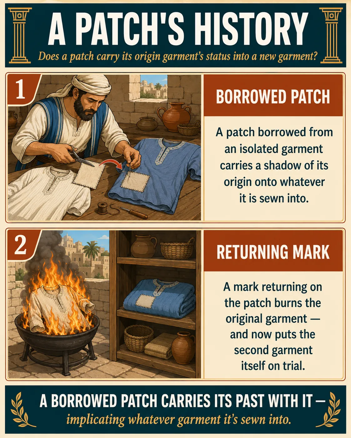 Infographic for halacha 12:7: A patch borrowed from an isolated garment carries a shadow of its origin onto whatever it is sewn into. A mark returning on the patch burns the original garment — and now puts the second garment itself on trial.