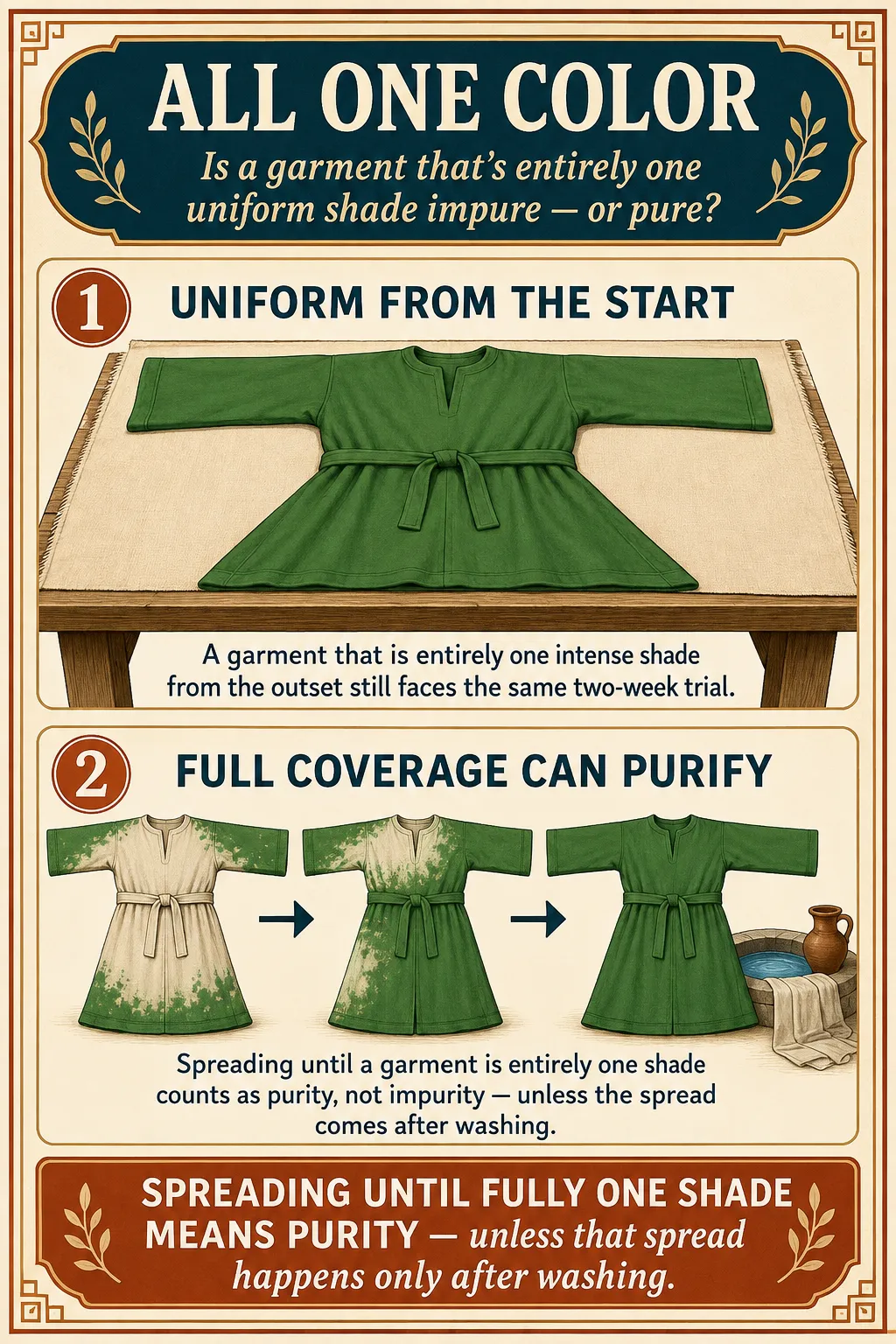 Infographic for halacha 12:8: A garment that is entirely one intense shade from the outset still faces the same two-week trial. Spreading until a garment is entirely one shade counts as purity, not impurity — unless the spread comes after washing.