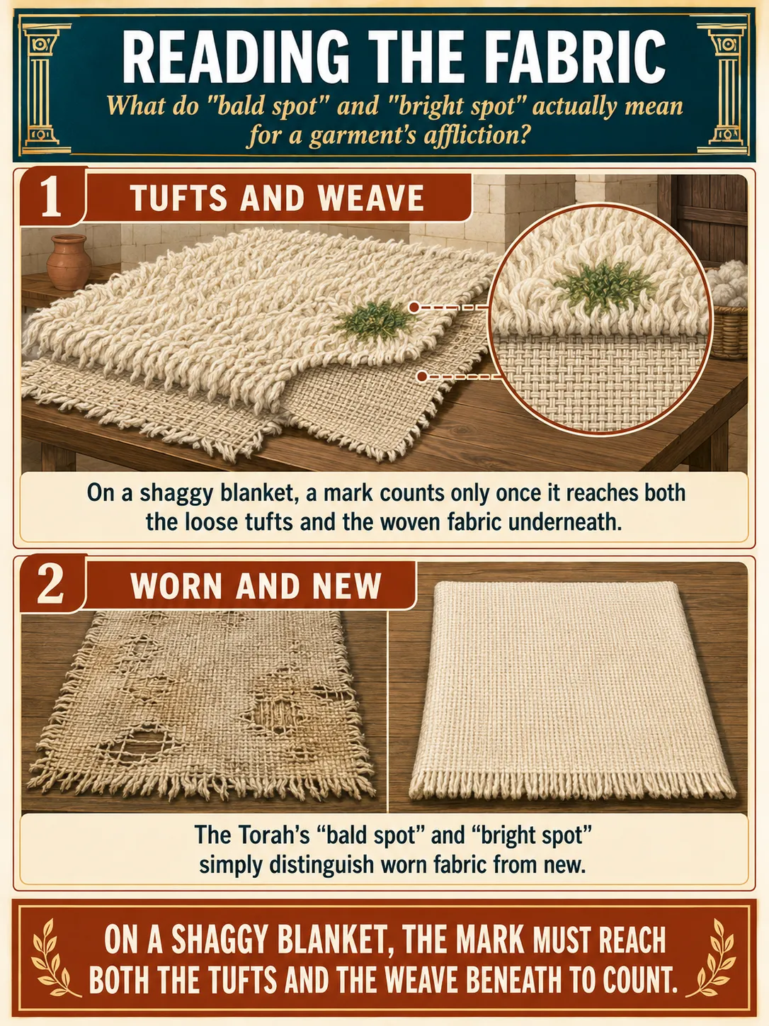 Infographic for halacha 12:9: On a shaggy blanket, a mark counts only once it reaches both the loose tufts and the woven fabric underneath. The Torah's 'bald spot' and 'bright spot' simply distinguish worn fabric from new.