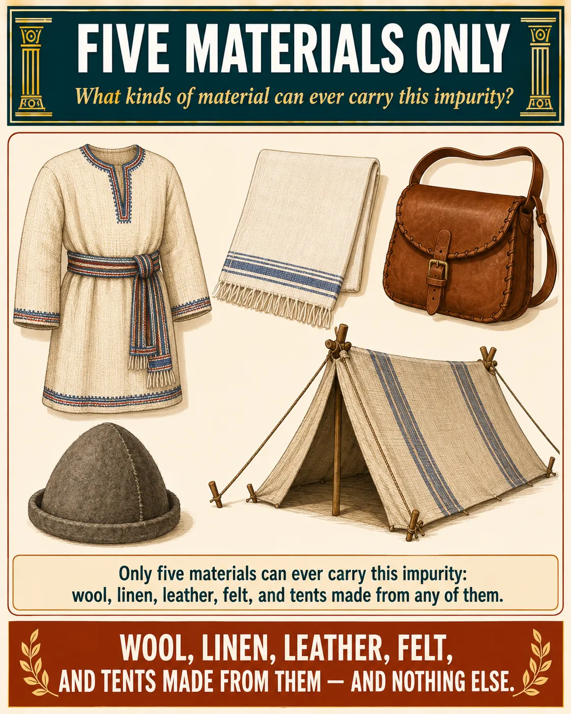 Infographic for halacha 13:1: Only five materials can ever carry this impurity: wool, linen, leather, felt, and tents made from any of them.