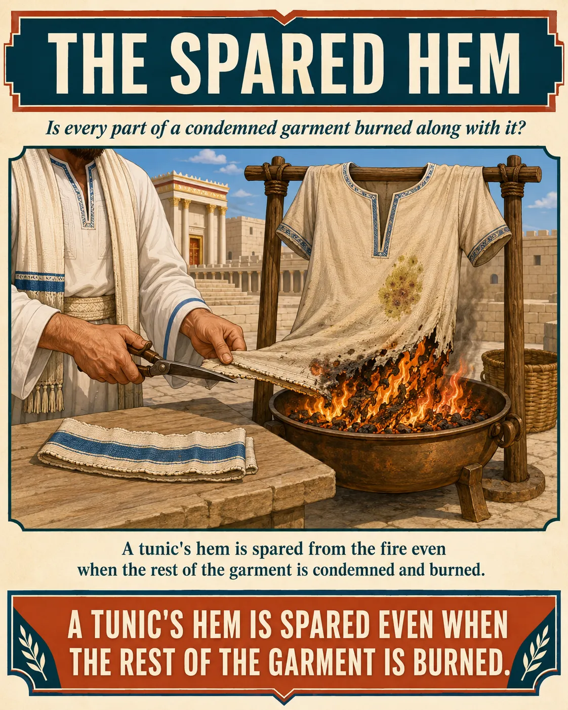 Infographic for halacha 13:10: A tunic's hem is spared from the fire even when the rest of the garment is condemned and burned.