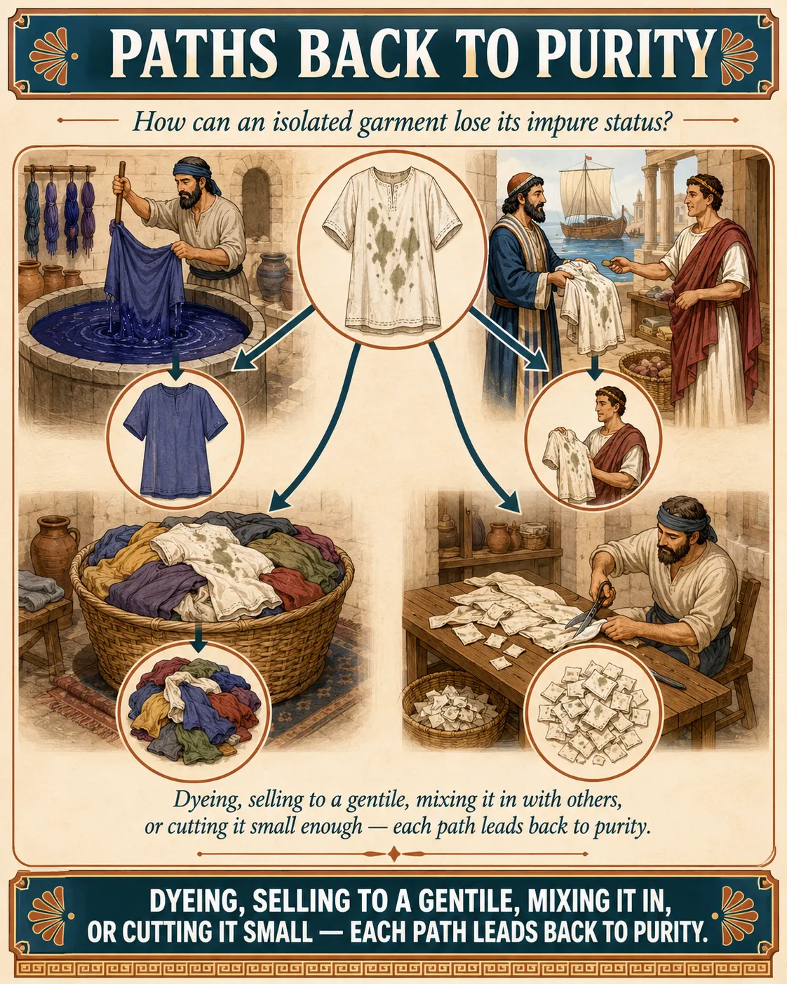 Infographic for halacha 13:11: Dyeing, selling to a gentile, mixing it in with others, or cutting it small enough — each path leads back to purity.