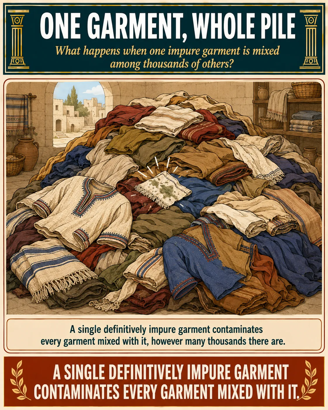 Infographic for halacha 13:12: A single definitively impure garment contaminates every garment mixed with it, however many thousands there are.