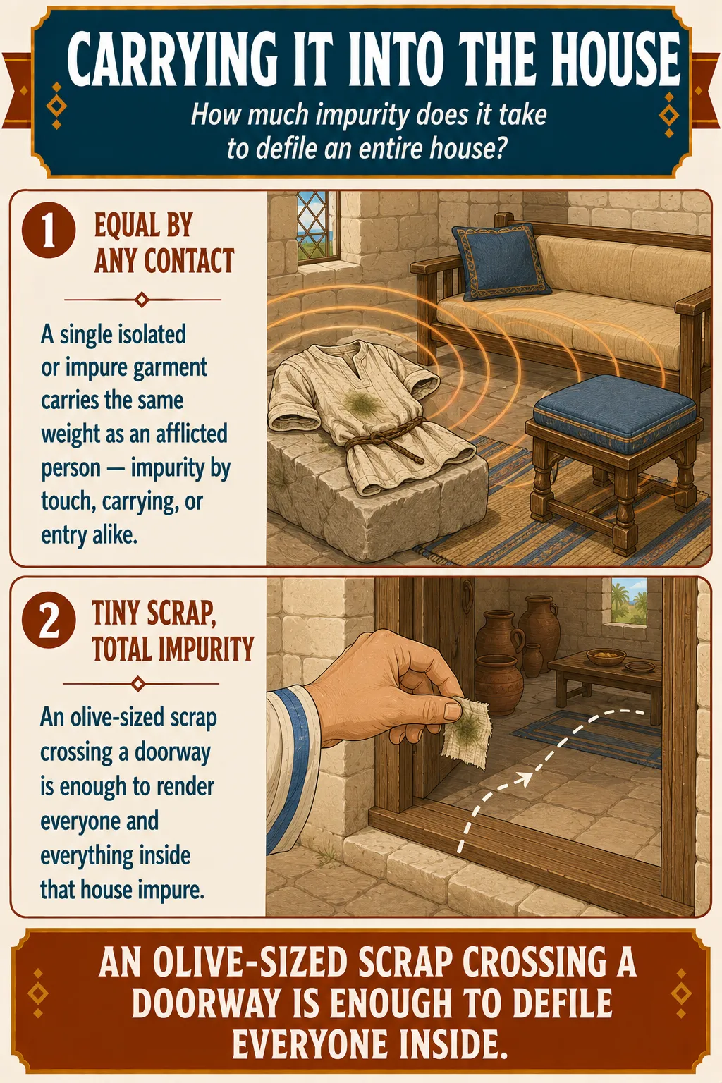 Infographic for halacha 13:13: A single isolated or impure garment carries the same weight as an afflicted person — impurity by touch, carrying, or entry alike. An olive-sized scrap crossing a doorway is enough to render everyone and everything inside that house impure.