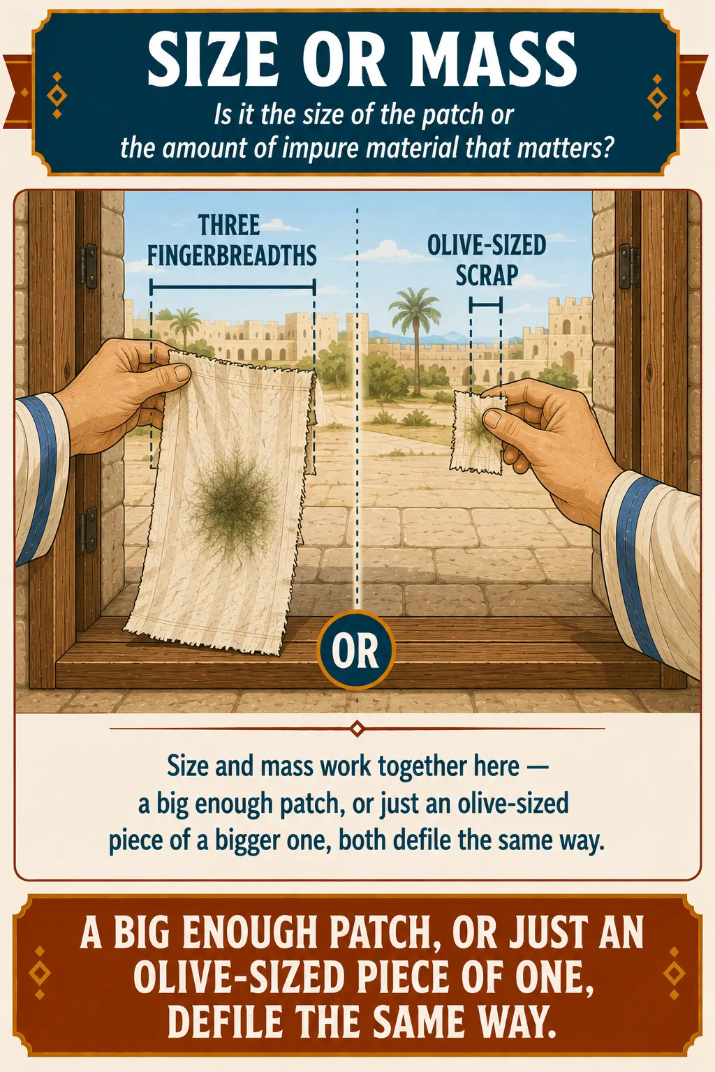Infographic for halacha 13:14: Size and mass work together here — a big enough patch, or just an olive-sized piece of a bigger one, both defile the same way.