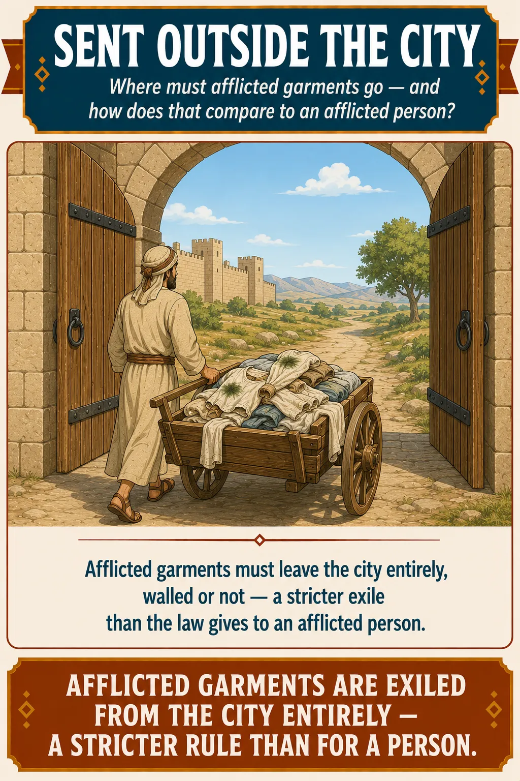 Infographic for halacha 13:15: Afflicted garments must leave the city entirely, walled or not — a stricter exile than the law gives to an afflicted person.