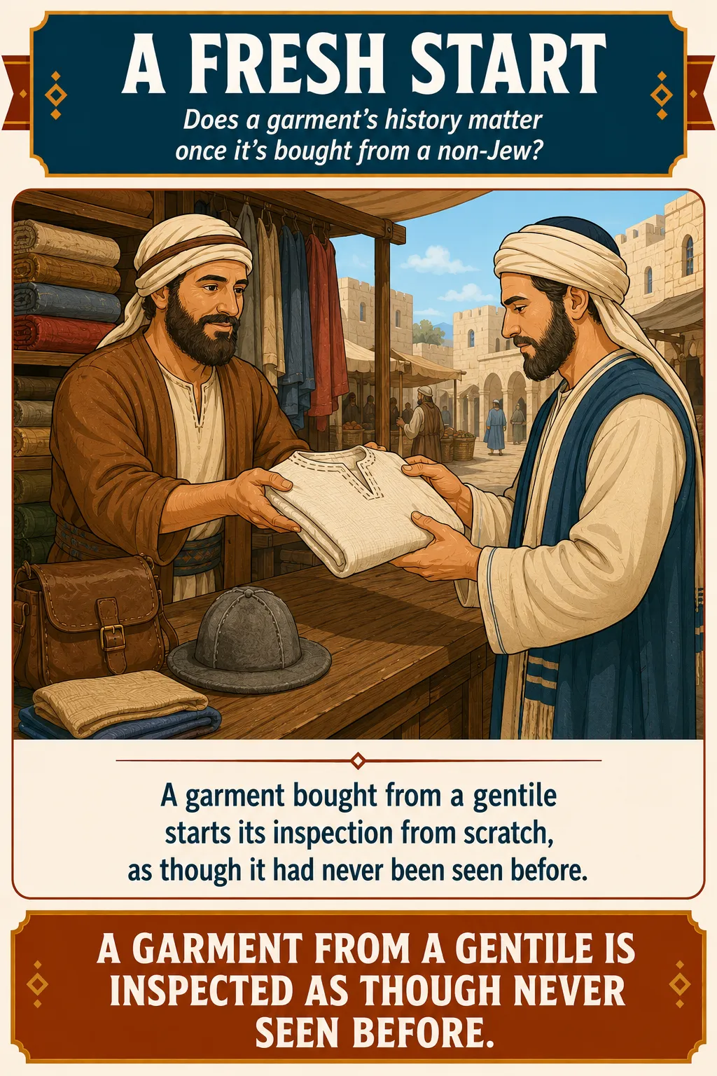 Infographic for halacha 13:2: A garment bought from a gentile starts its inspection from scratch, as though it had never been seen before.