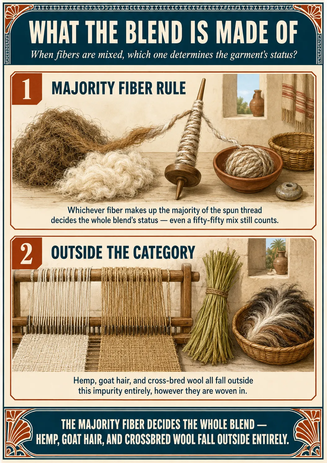 Infographic for halacha 13:3: Whichever fiber makes up the majority of the spun thread decides the whole blend's status — even a fifty-fifty mix still counts. Hemp, goat hair, and cross-bred wool all fall outside this impurity entirely, however they are woven in.
