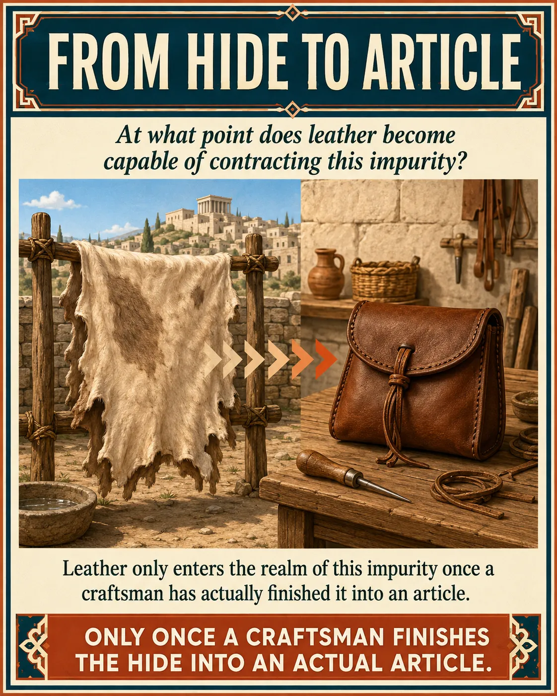 Infographic for halacha 13:4: Leather only enters the realm of this impurity once a craftsman has actually finished it into an article.