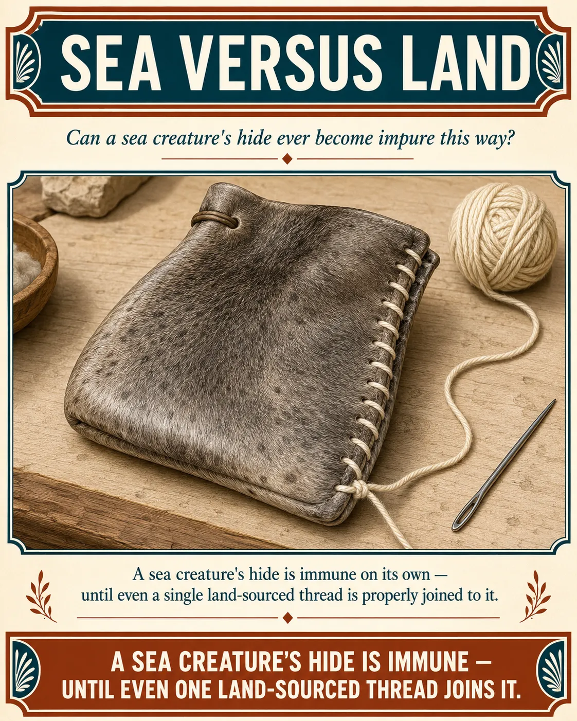Infographic for halacha 13:5: A sea creature's hide is immune on its own — until even a single land-sourced thread is properly joined to it.