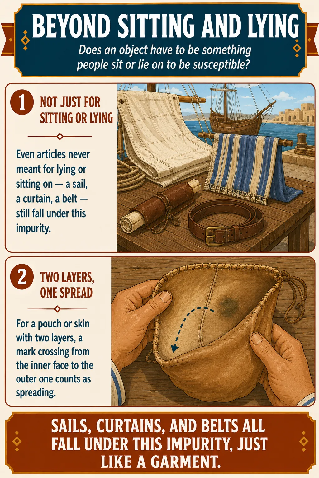 Infographic for halacha 13:6: Even articles never meant for lying or sitting on — a sail, a curtain, a belt — still fall under this impurity. For a pouch or skin with two layers, a mark crossing from the inner face to the outer one counts as spreading.