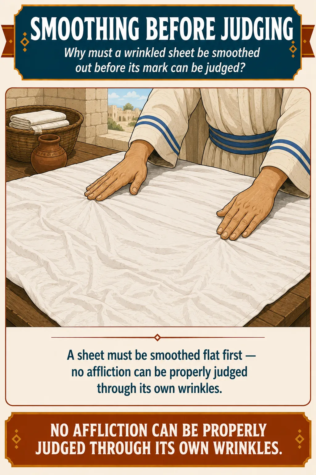 Infographic for halacha 13:7: A sheet must be smoothed flat first — no affliction can be properly judged through its own wrinkles.