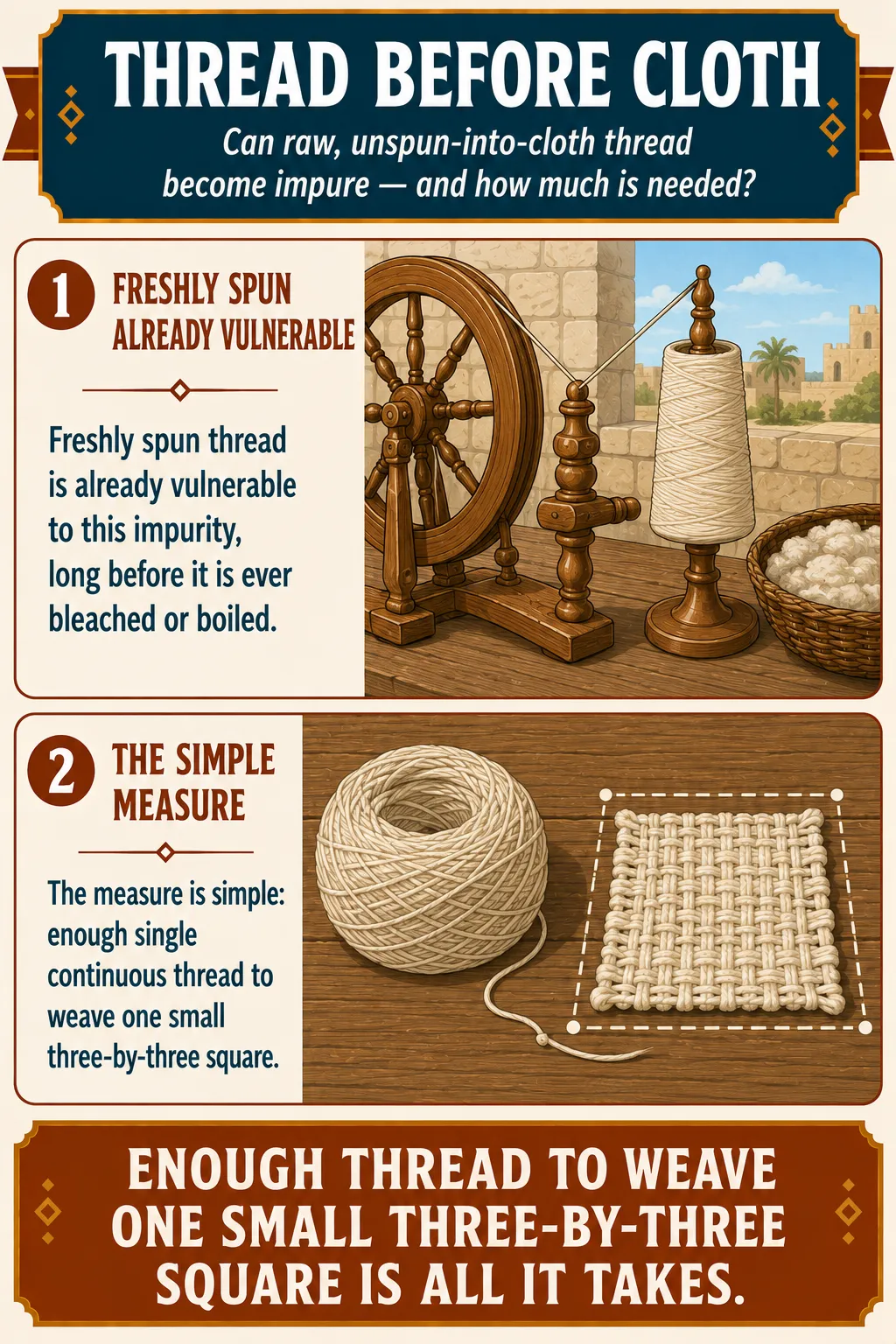 Infographic for halacha 13:8: Freshly spun thread is already vulnerable to this impurity, long before it is ever bleached or boiled. The measure is simple: enough single continuous thread to weave one small three-by-three square.